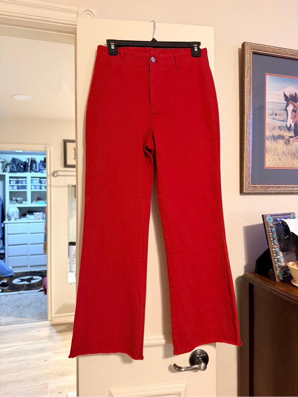 Red High-Rise Wide Leg Jeans Raw Hem